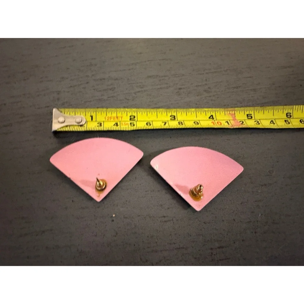 Vintage 80s Hand Painted Fan Stud Earrings Pink Gold Silver Geometric Statement